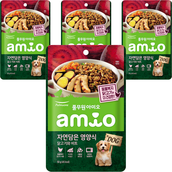 풀무원아미오 전연령 강아지 자연담은 영양식 습식사료, 닭, 50g, 4개