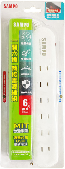 SAMPO 聲寶 一開六插轉接電源線組, 1.8m, 白色, 1組