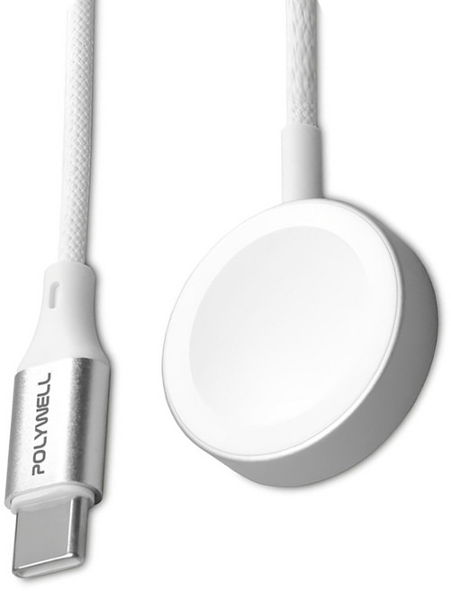 POLYWELL 寶利威爾 Apple Watch 磁吸無線充電器 Type-C編織線 PW15-T65-0639, 1條, 白色