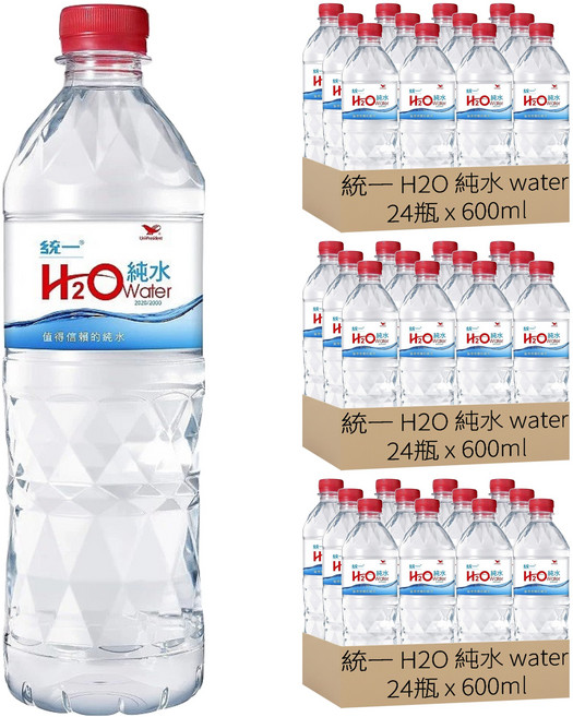 統一 H2O 純水 water 純水, 600ml, 72瓶