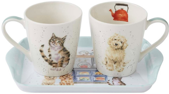 ROYAL WORCESTER Wrendale 狗與貓馬克杯2入 + 託盤組, 白色, 1套