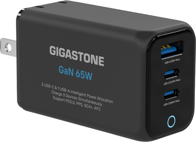GIGASTONE 立達 PD3.0/QC4.0 65W 氮化鎵 GaN USB-C 三孔快速充電器 PD-7657, 黑色, 1個
