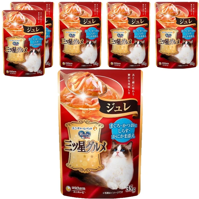 유니참긴노스푼 고양이 미쓰보시 구루메 쥬레 간식, 혼합맛(가다랑어/참치/멸치/게맛살), 35g, 6개 - 쿠팡