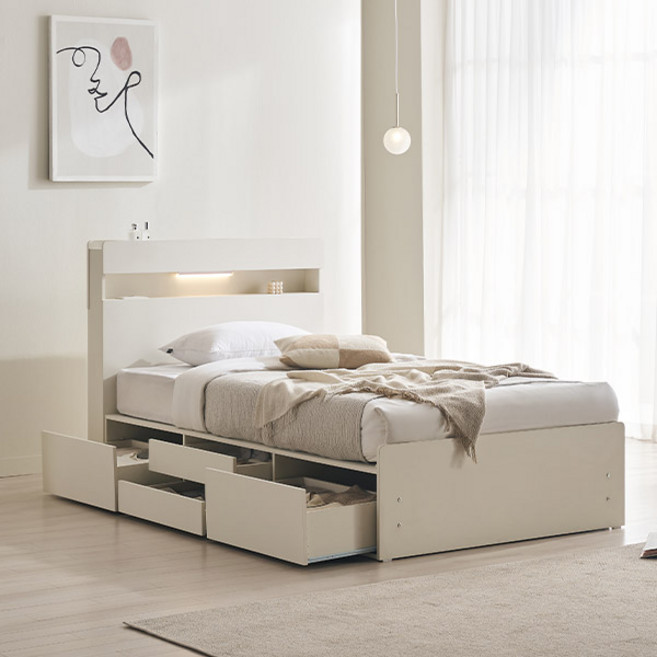 삼익가구 NEW 루시드 LED 4단 서랍 수납 침대 프레임 단품 방문설치, 화이트