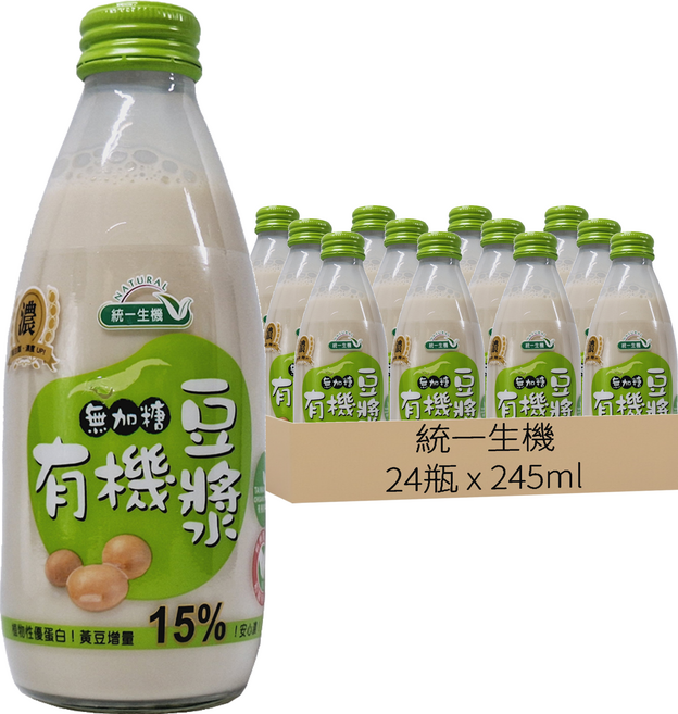 統一生機 有機無加糖豆漿, 245ml, 24瓶