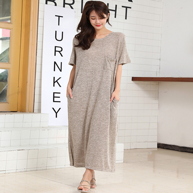 턴키 여성용 빅사이즈 보카시 스판 반팔 롱 원피스