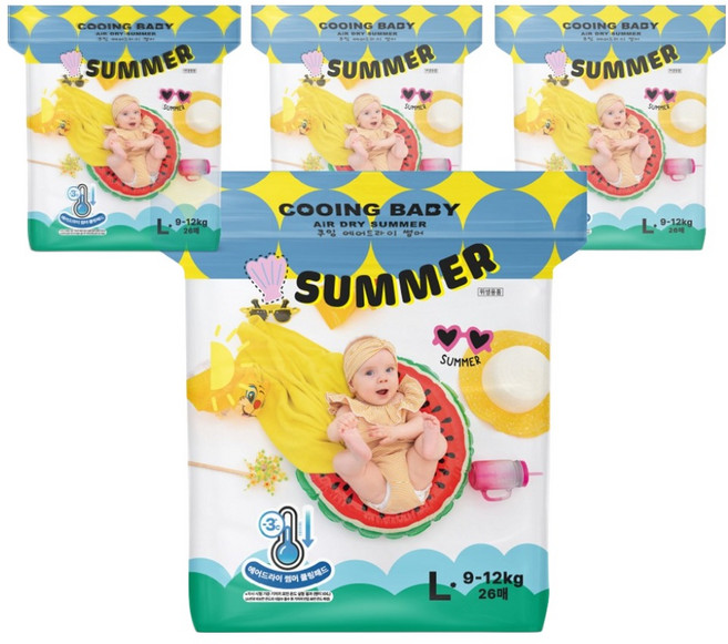 Cooing 썸머 에어드라이 팬티형 기저귀 남여공용, 대형(L), 104매