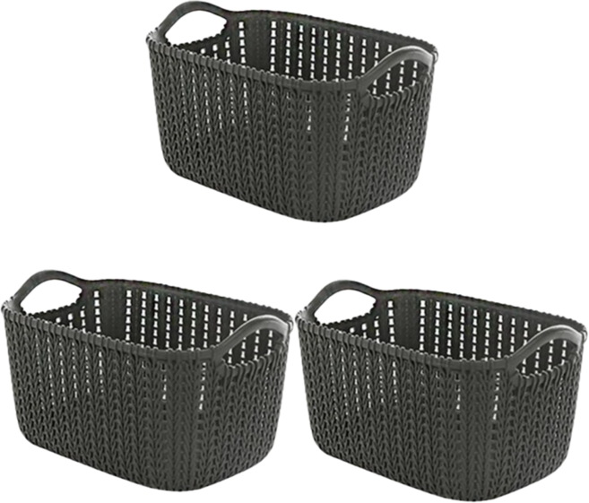 仿藤編收納/洗衣籃 Set 3個 PP材質 加高底部設計鏤空設計, 黑色