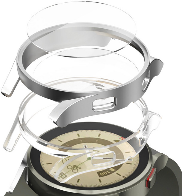 구스페리 갤럭시워치 풀커버 강화유리 하드 케이스 2p, 실버 + 투명, 1개