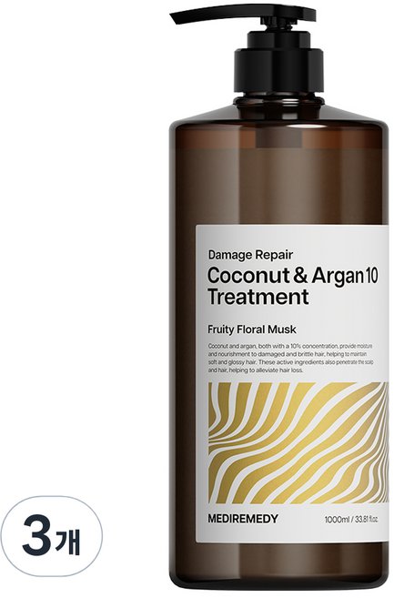메디레머디 코코넛 앤 아르간 10 극손상 탈모 트리트먼트, 3개, 1L