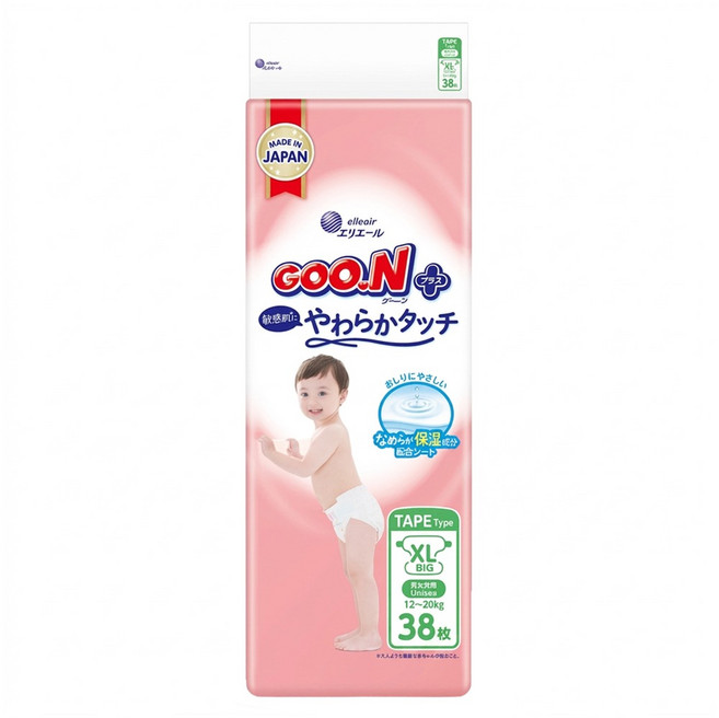 GOO.N 大王 日本境內版 SJ柔觸肌系列 黏貼型尿布 12~20kg, 38片, XL