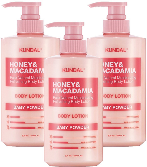 쿤달 허니 앤드 마카다미아 퓨어 바디로션 베이비파우더, 500ml, 3개