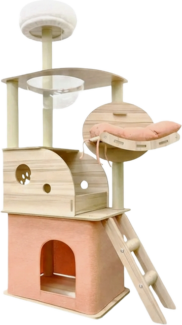 哈囉毛孩 帳篷貓屋 + 半開放式小木屋 太空艙貓跳台 附貴妃躺枕 145cm, 粉色 + 木色, 1組