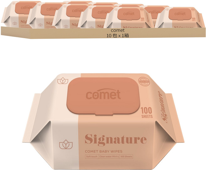 comet Baby Wipes Signature 寶寶濕紙巾 掀蓋式 加厚型, 55g, 100張, 10包