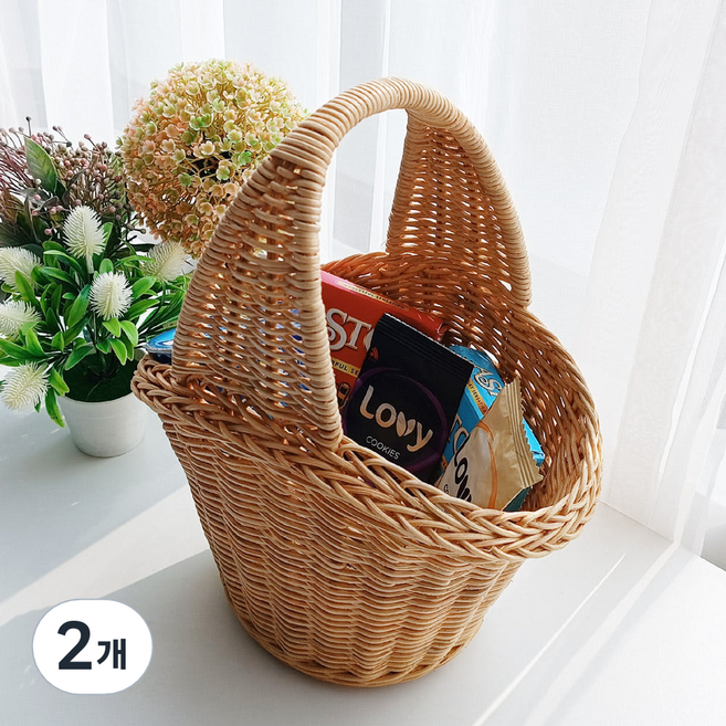 메종인다라탄샵 고급 등나무 손잡이 간식 선물 피크닉 라탄바구니 N024N, 베이지, 2개