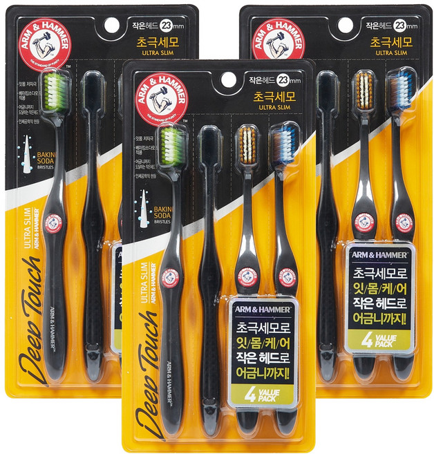 암앤해머 딥터치 초극세모 칫솔, 4개입, 3개