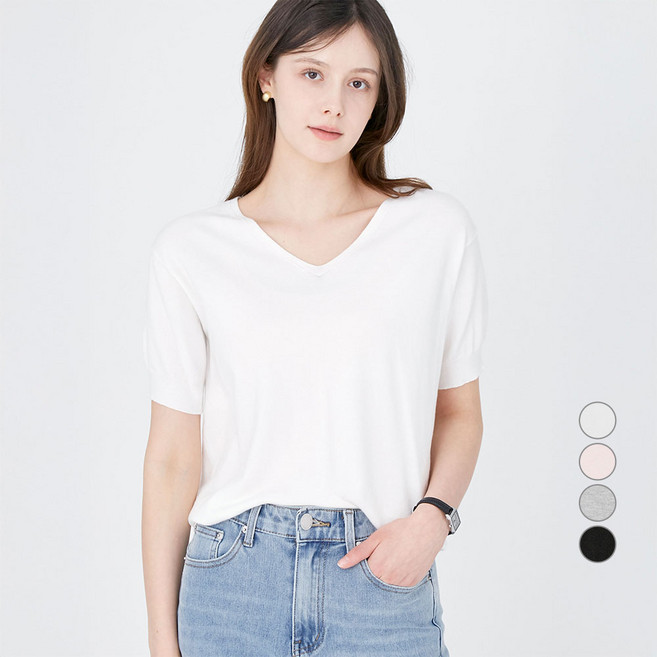 ELLE PARIS 여성용 데일리 브이넥 반소매 니트