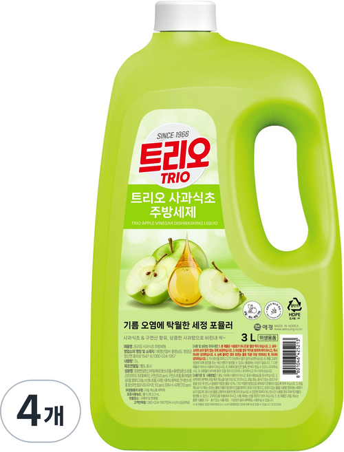 트리오 사과식초 주방세제, 3L, 4개