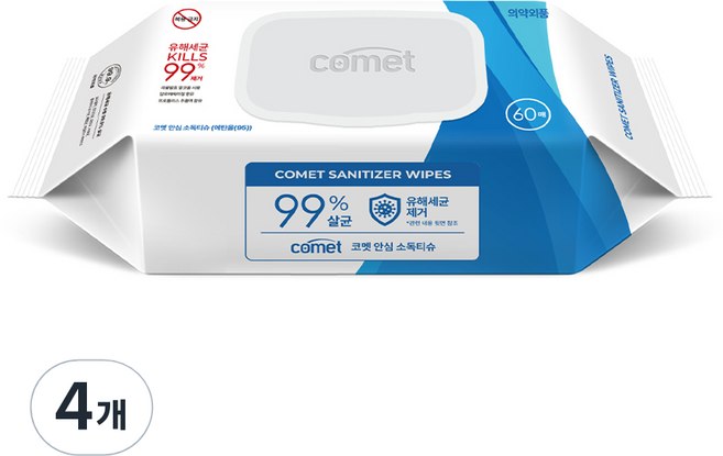 코멧 안심 소독티슈 캡형, 50g, 60매, 4개