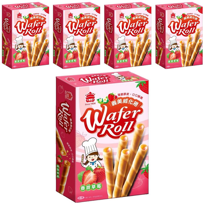 義美 威化捲 量販盒 香甜草莓, 187g, 5盒