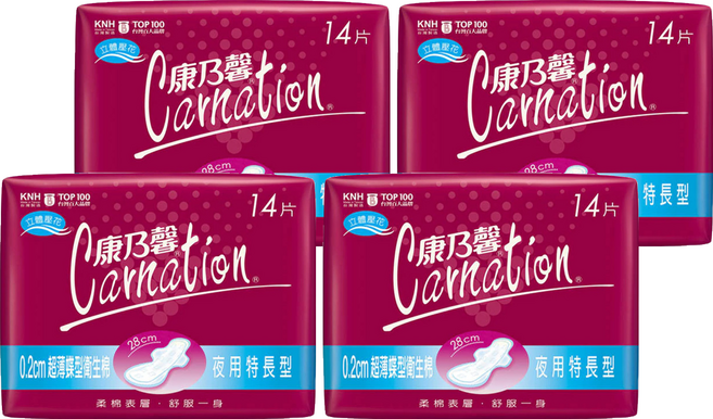 康乃馨 超薄蝶型衛生棉 護翼型, 夜用特長型(28cm), 14片, 4包
