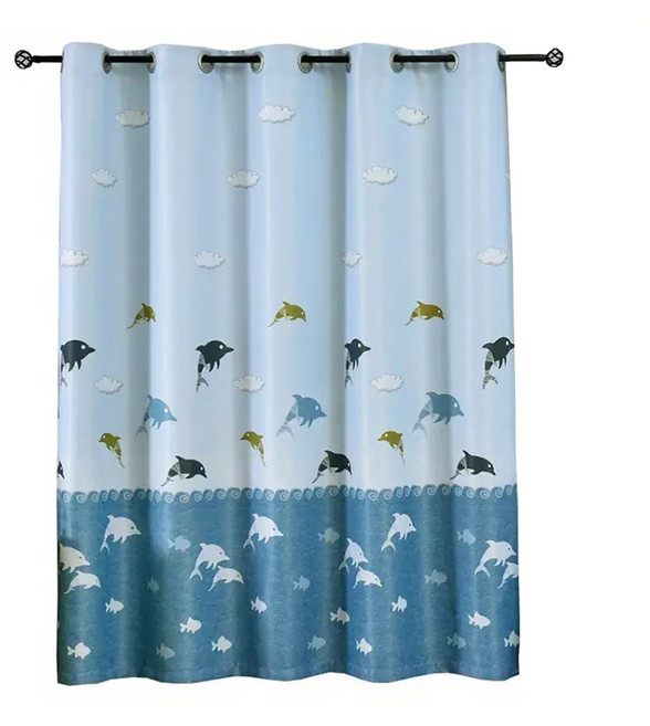 PAVRO 巴芙洛 穿桿式遮光拉簾門簾, 海豚樂園 藍色