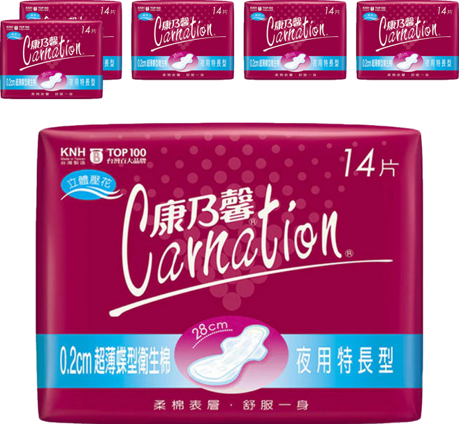 康乃馨 超薄蝶型衛生棉 護翼型, 夜用特長型(28cm), 14片, 6包