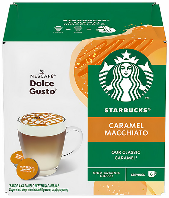 STARBUCKS 星巴克 NESCAFE 雀巢咖啡 Dolce Gusto 多趣酷思 焦糖瑪奇朵咖啡膠囊 咖啡膠囊5.5g 6顆 + 牛奶膠囊15.8g 6顆, 1盒, 21.3g, 12顆