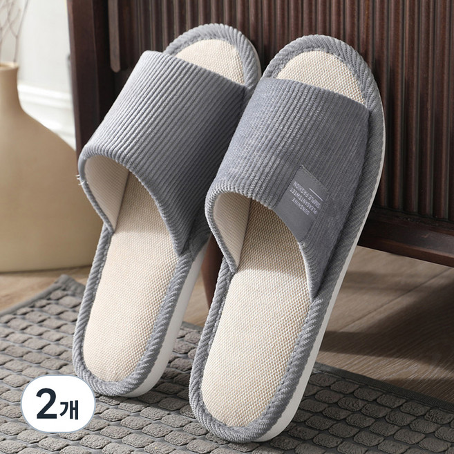 데이코지 논슬립 층간소음 방지 통기성 높은 린넨 실내화, 그레이, 2개