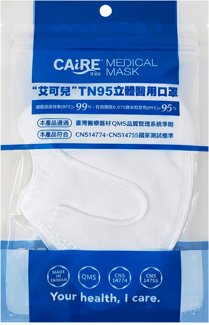 CAiRE 艾可兒 TN95立體成人醫用口罩, 純淨白, 5片, 1包