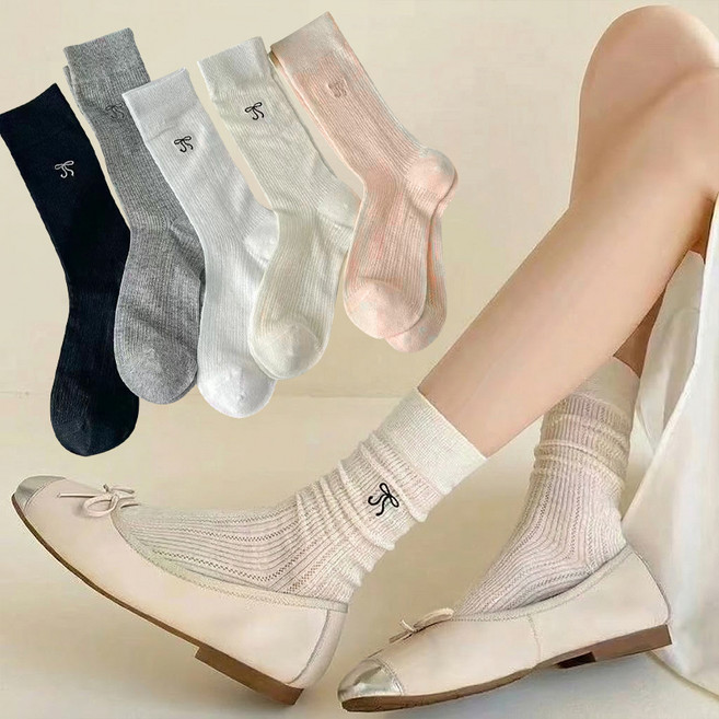 Socks Panda 女款蝴蝶結蕾絲透膚長襪 5雙