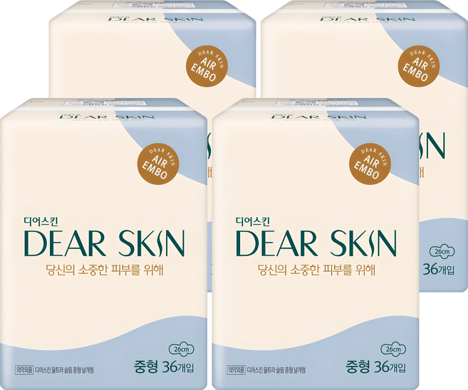 디어스킨 에어엠보 생리대 날개형, 중형, 36개입, 4개