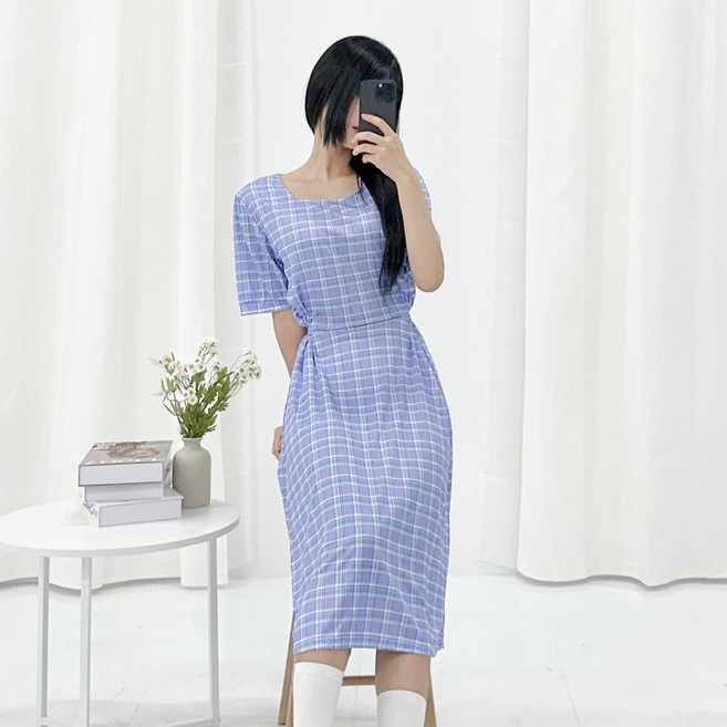 피어니스트 벌룬소매 체크 롱원피스 빅사이즈 포함