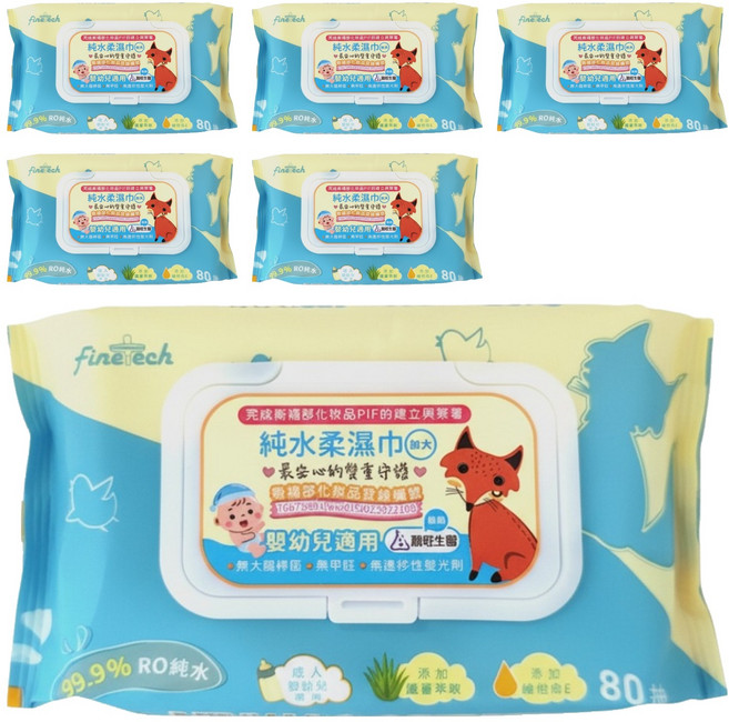 Finetech 釩泰 純水柔濕巾 平紋, 6包, 80張