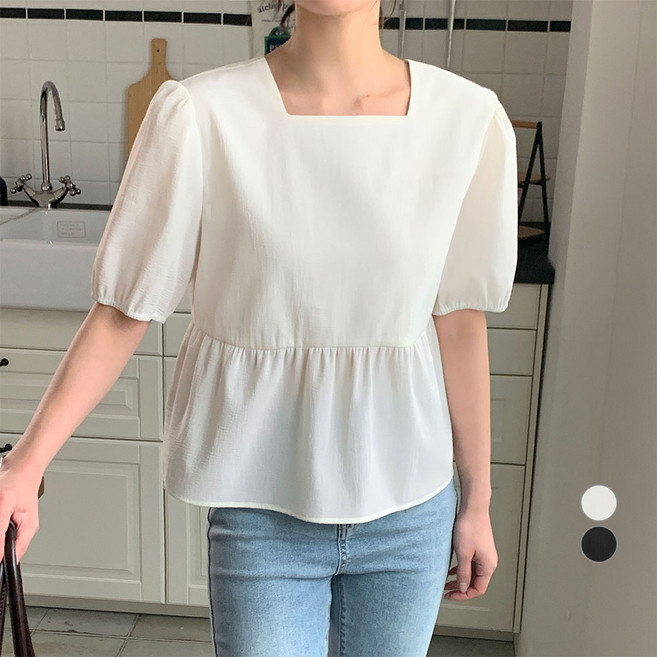 afinar 女款方領抓皺泡泡紗泡泡袖上衣