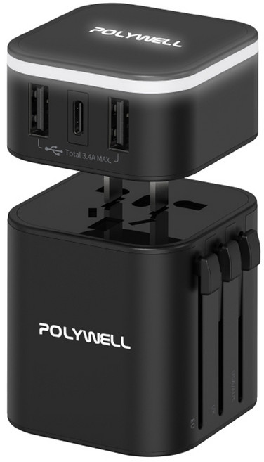 POLYWELL 寶利威爾 多國旅行充電器 轉接頭 PW15-T05-A053 黑色, 1個
