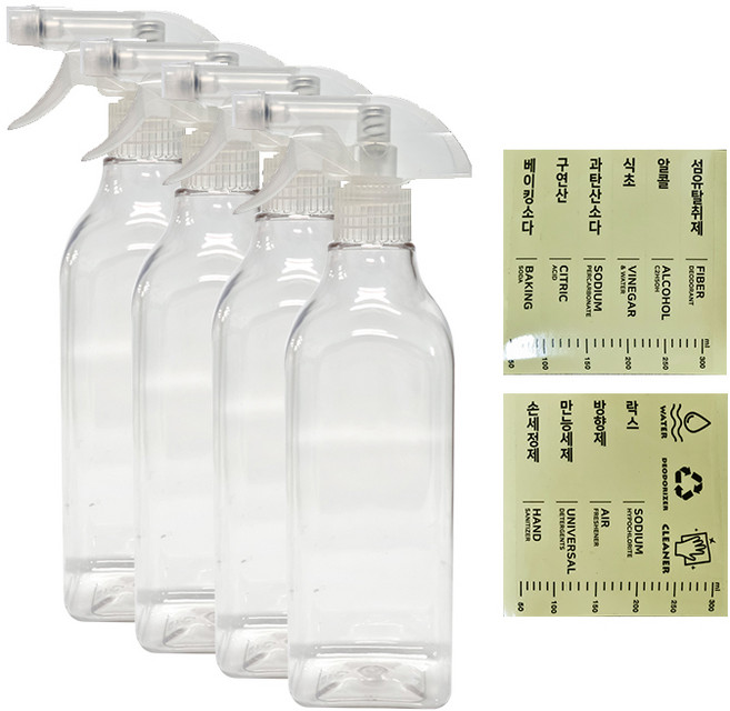 월드크린 투명 분무기 용기 목사각 500ml x 4p + 스티커, 혼합색상, 1세트