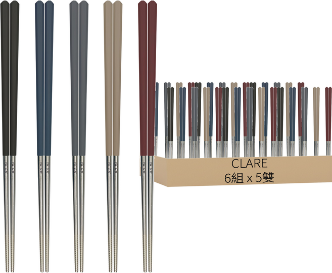 CLARE 316六角鋼筷 5雙, 筷子, 黑色 + 黛藍色 + 深灰色 + 奶茶色 + 深紅色, 6組