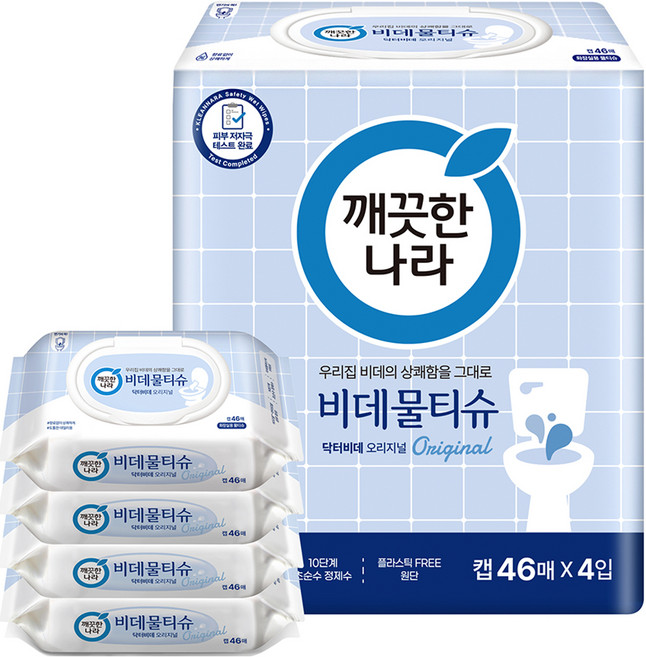 깨끗한나라 닥터비데 화장실용 물티슈 오리지널 캡형, 46매, 4개