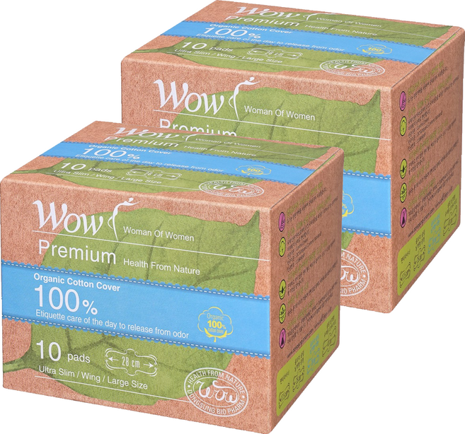 와우 프리미엄 오가닉 코튼 커버 생리대 날개형, 대형, 10개입, 2개