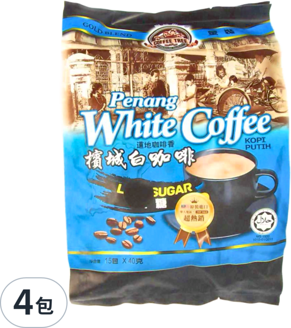 COFFEE TREE 咖啡樹 金裝檳城三合一白咖啡 減糖9%風味, 40g, 15包, 4袋