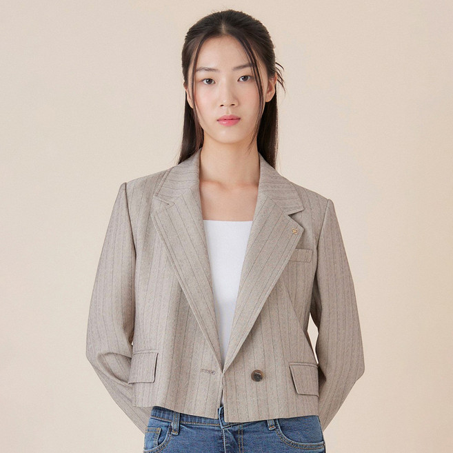 LINE ADDITION 女款條紋西裝領短版外套