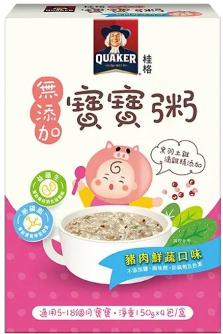 QUAKER 桂格 無添加寶寶粥 5個月以上 4入, 豬肉鮮蔬, 600g, 1盒