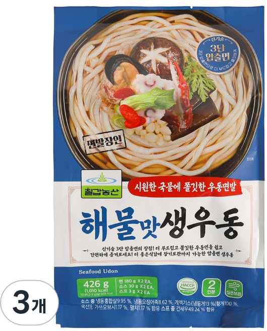 칠갑농산 해물맛생우동, 426g, 3개