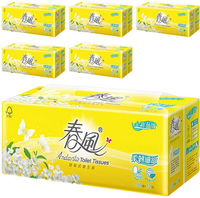 春風 柔韌細緻抽取式衛生紙 2層 110張, 12包, 6袋