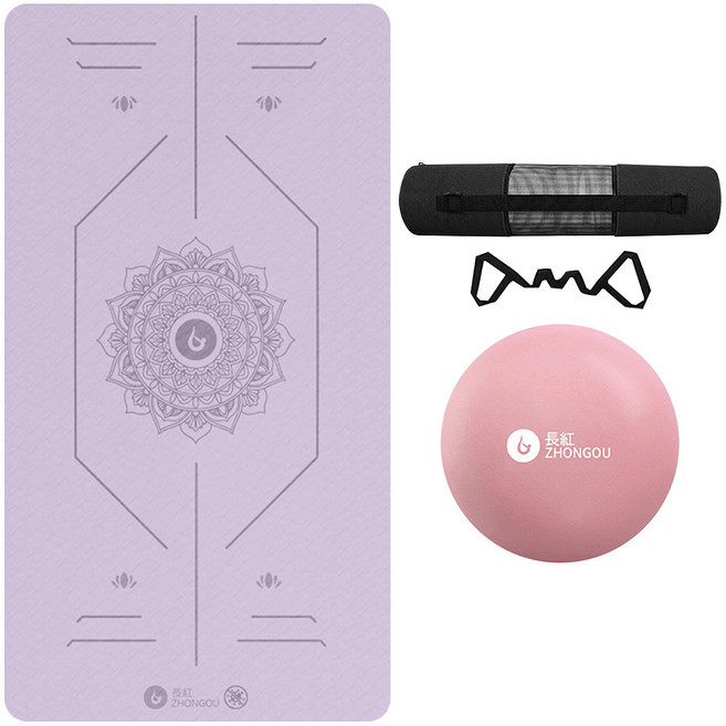 ZHONGOU 長紅 TPE加厚款正位線防滑雙色瑜珈墊 厚6mm TP68 附綁帶+背袋+拉力繩或拍拍球(顏色款式隨機), 紫色, 1組
