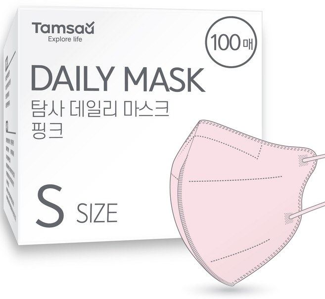 탐사 국내생산 슬림핏 데일리 마스크 소형 어린이용, 100개입, 1개, 핑크