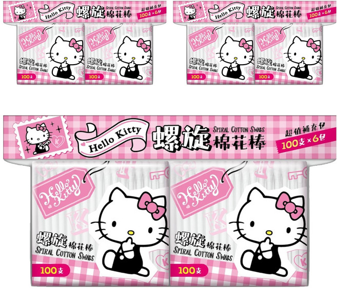 Hello Kitty 凱蒂貓 螺旋塑軸棉花棒 塑軸 純棉雙頭, 100支, 18袋