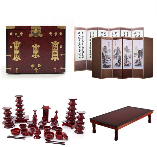 남원목기공예 물푸레 제기세트 + 앞닫이 제기 보관함 + 옥비단 산수화 추사한시 6폭 병풍 + 직교자상, 1세트