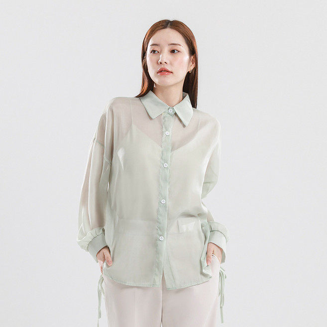 엘쏘 여성용 시스루 리본 스트랩 루즈핏 롱 긴팔 셔츠 남방